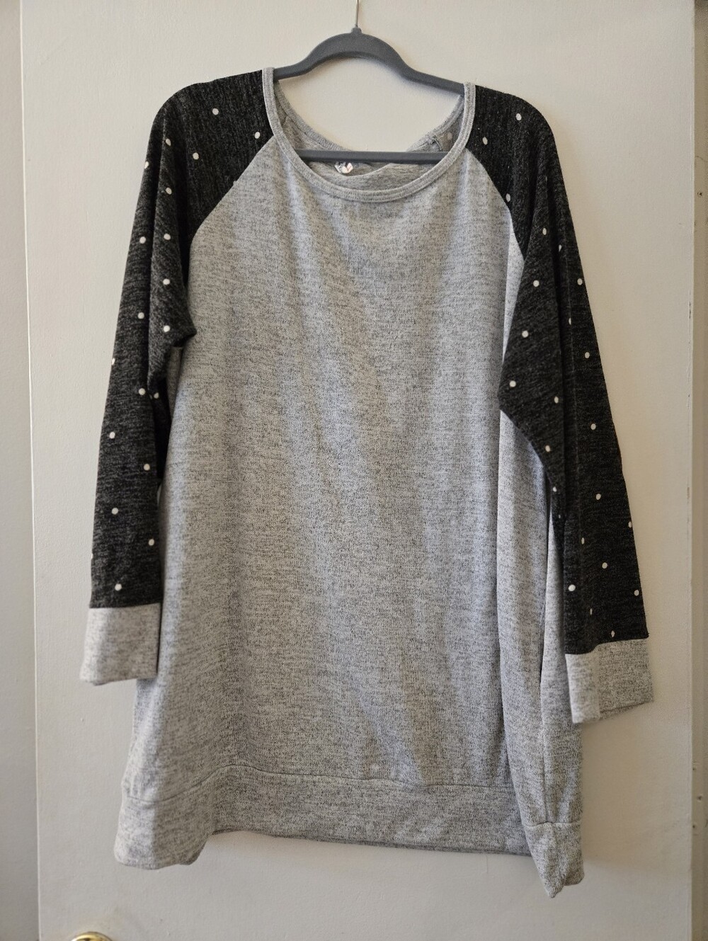 Gray Tunic Sweatshirt with Black Polka Dot Raglan Sleeves